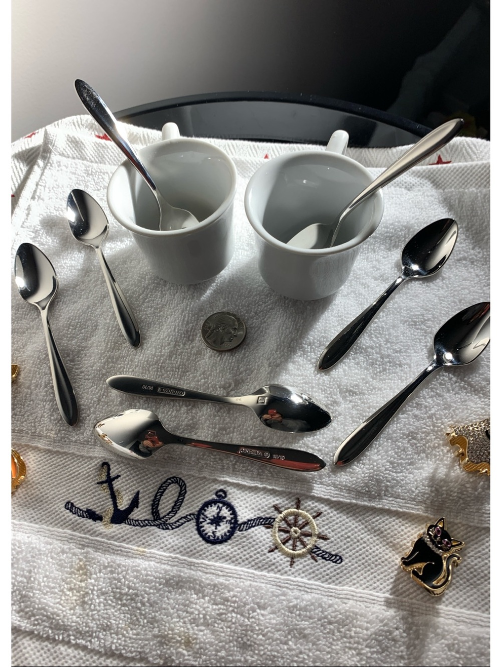 Oneida Silver Stainless Steel Dessert Spoons with White Ceramic Cups